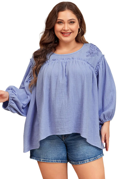 Beau Blue Plus Size Crochet Bracelet Sleeve Babydoll Blouse - Chic Meadow Boutique 