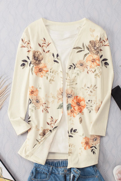 Apricot Floral Print Ribbed Knit Slim Fit Cardigan - Chic Meadow Boutique 