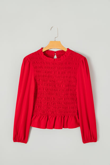 Racing Red Solid Color Smocked Ruffle Hem Long Sleeve Blouse