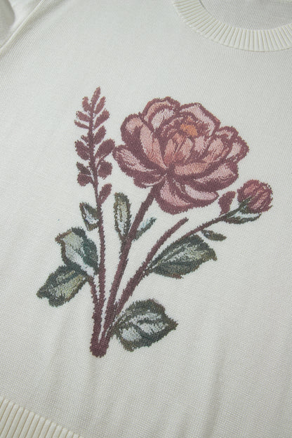 White Western Floral Dropped Shoulder Lightweight Knit Sweater