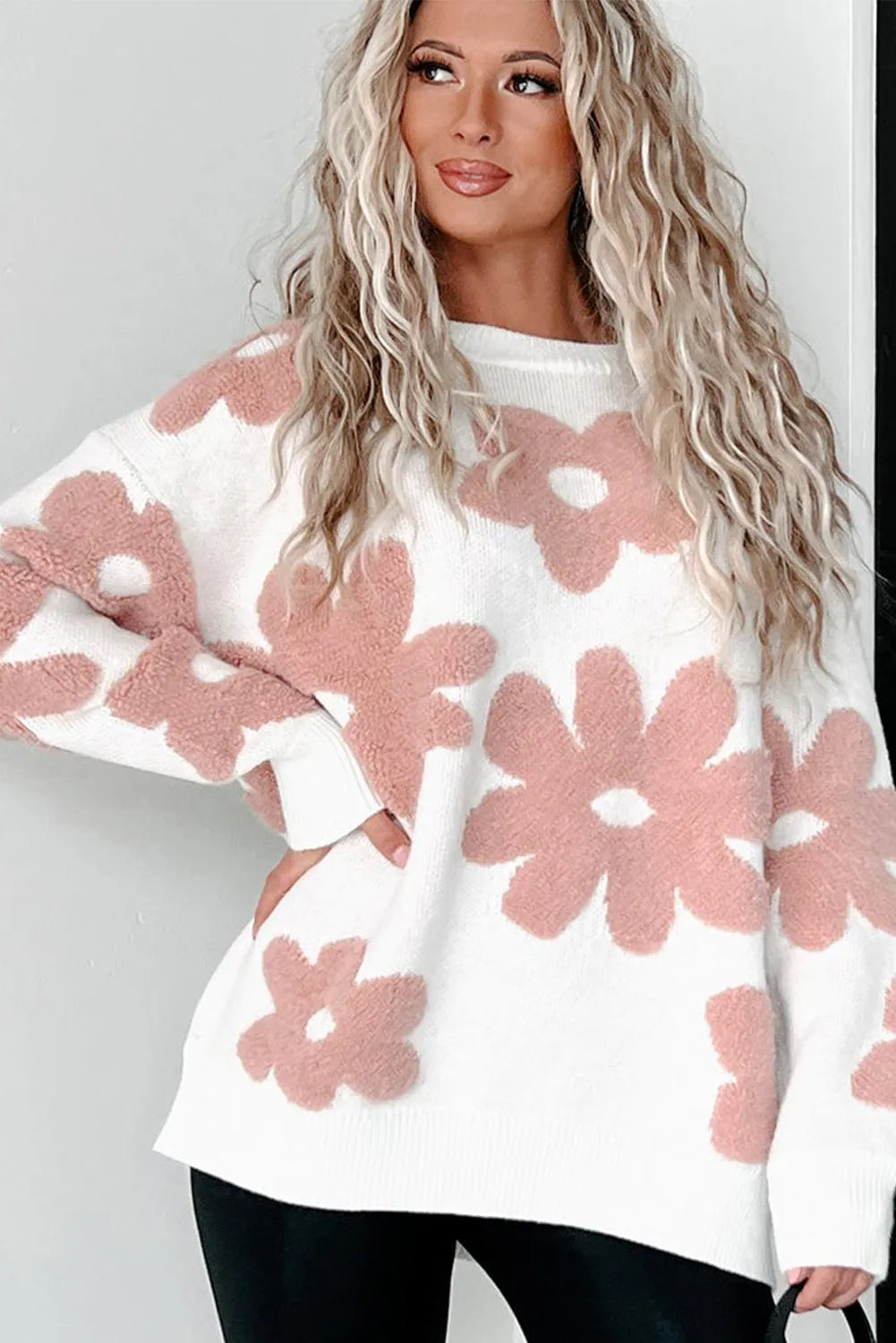 White Textured Flower Drop Shoulder Loose Sweater - Chic Meadow Boutique 