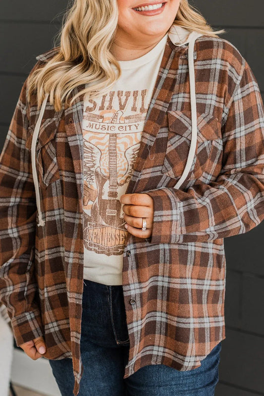 Brown Plus Size Plaid Contrast Button up Hooded Jacket - Chic Meadow Boutique 