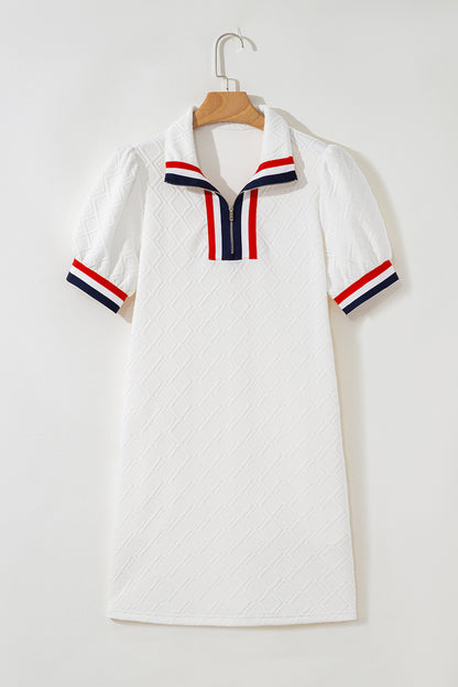 White Textured Jacquard Colorblock Edge Puff Sleeve Quarter Zip Mini Dress