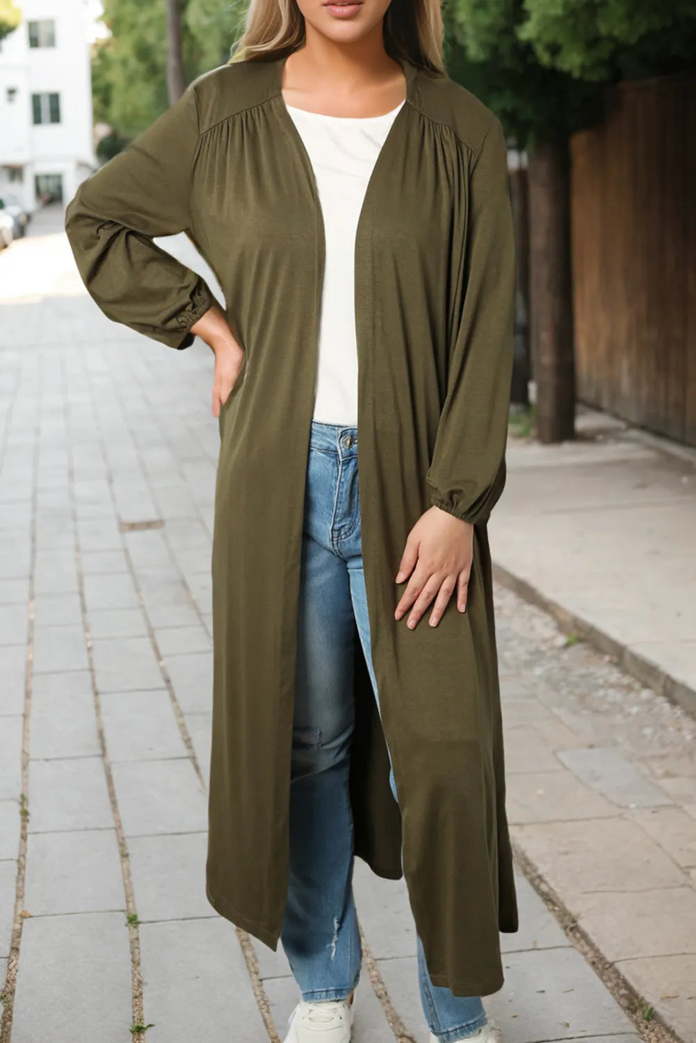 Tops/Sweaters & Cardigans Green Lightweight Long Sleeve Open Front Duster Cardigan