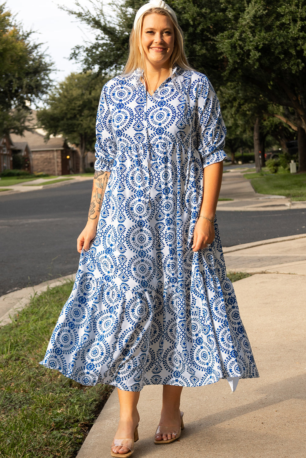 Sky Blue Geometric Print Lace-up Notch Neck Plus Size Maxi Dress