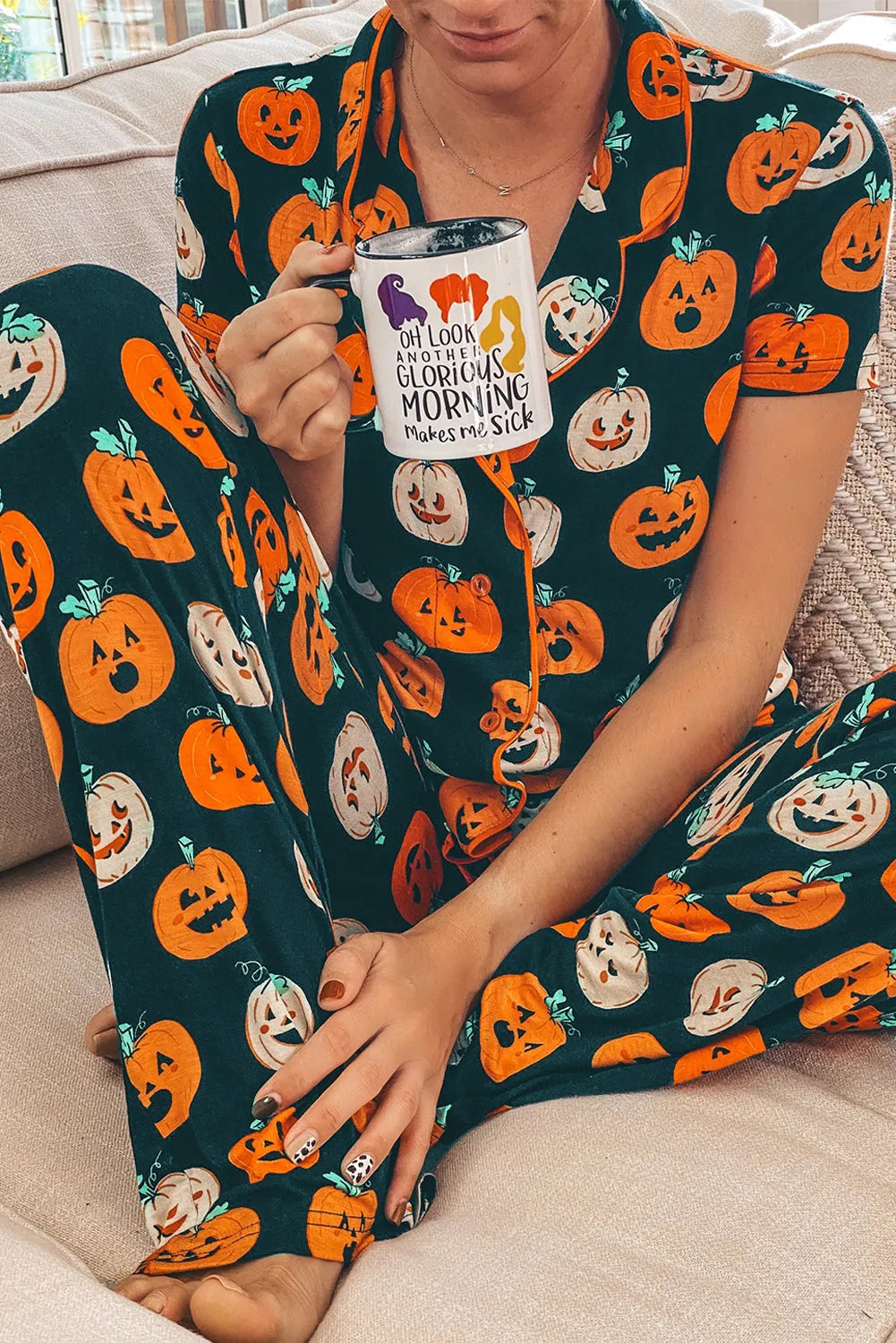 Orange Halloween Pattern Short Sleeve Shirt Pajama Set - Chic Meadow Boutique 