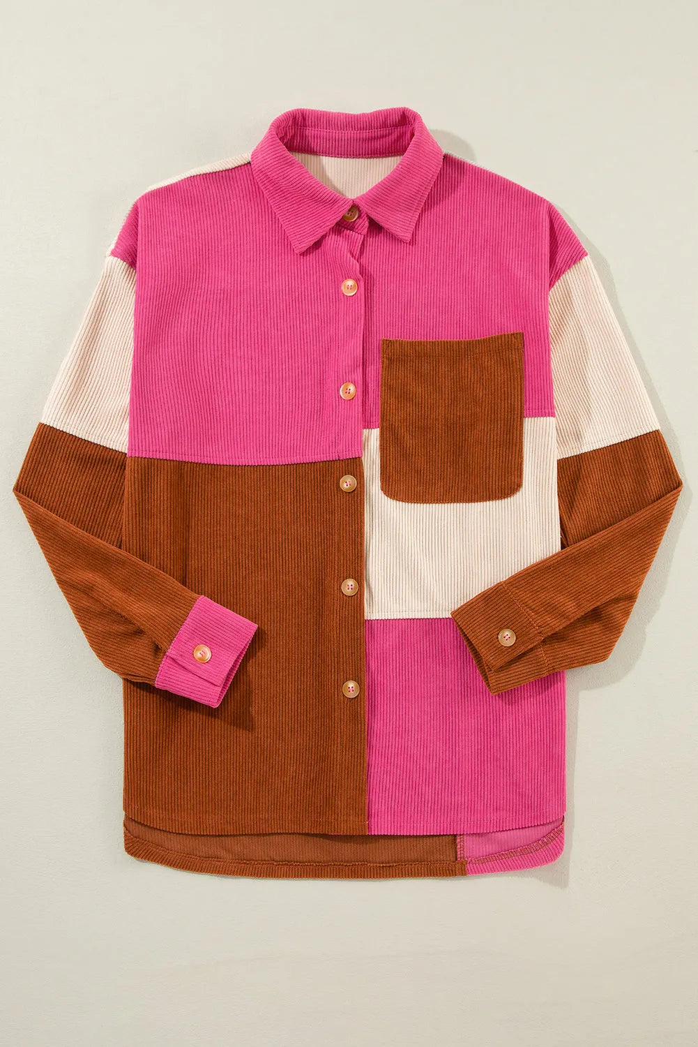 Rose Red Colorblock Curved Hem Corduroy Shacket with Pocket - Chic Meadow Boutique 