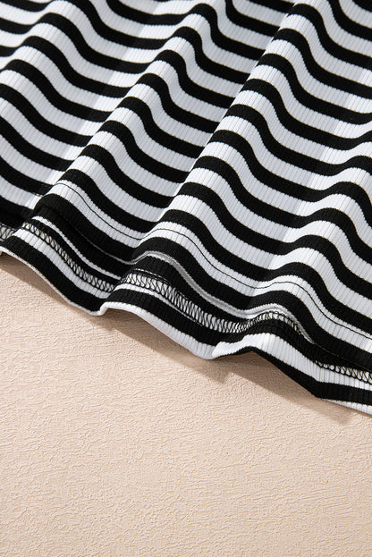 Black Stripe Ribbed Cap Sleeve Round Neck T Shirt