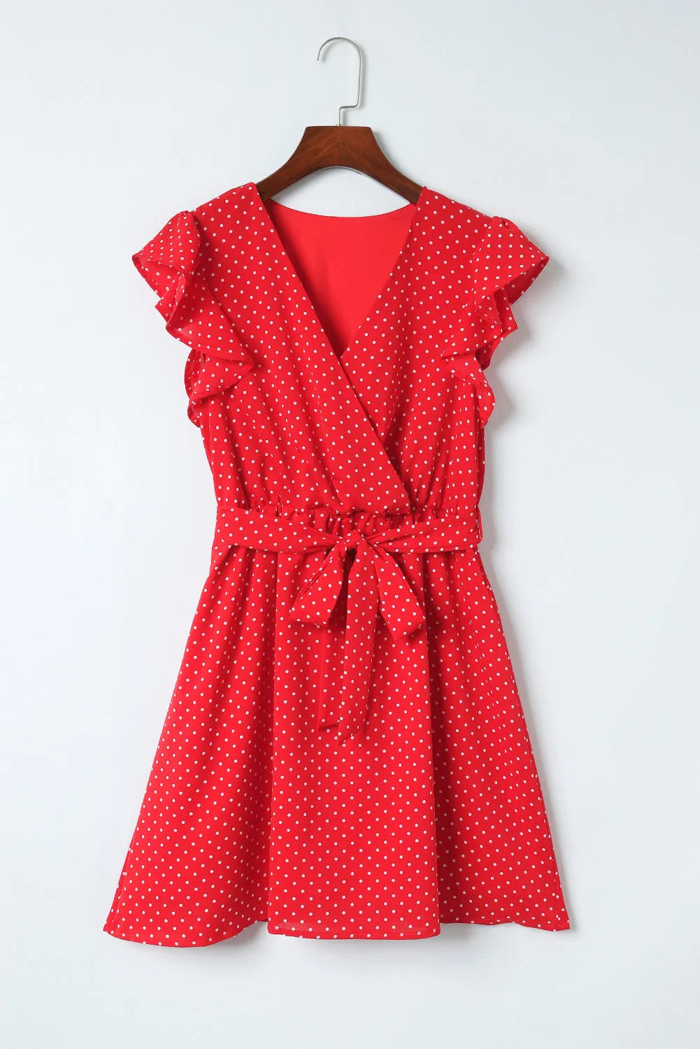 Fiery Red Polka Dot V Neck Ruffle Sleeve Dress - Chic Meadow Boutique 