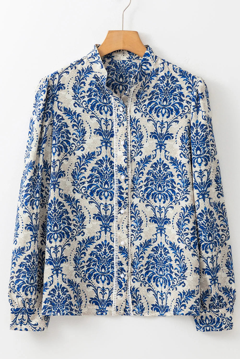 Sky Blue Bohemian Printed Bishop Sleeve Lace Shirt - Chic Meadow Boutique 