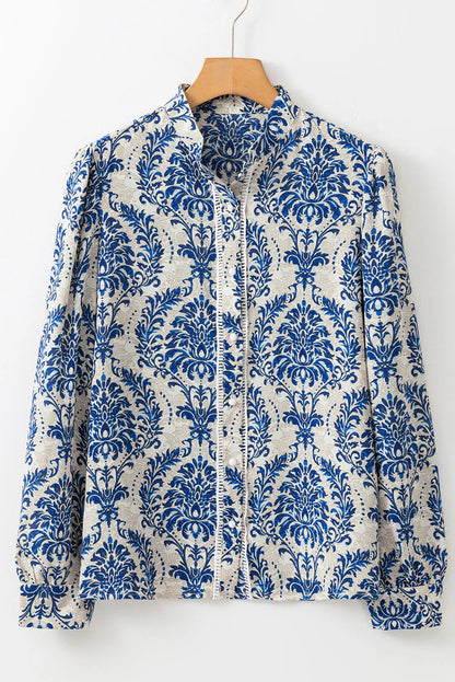 Sky Blue Bohemian Printed Bishop Sleeve Lace Shirt - Chic Meadow Boutique 