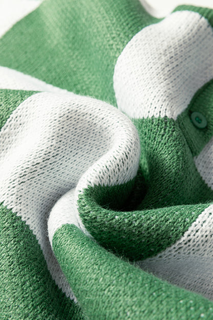 Mist Green Checkered Pattern Polo Collar Loose Sweater