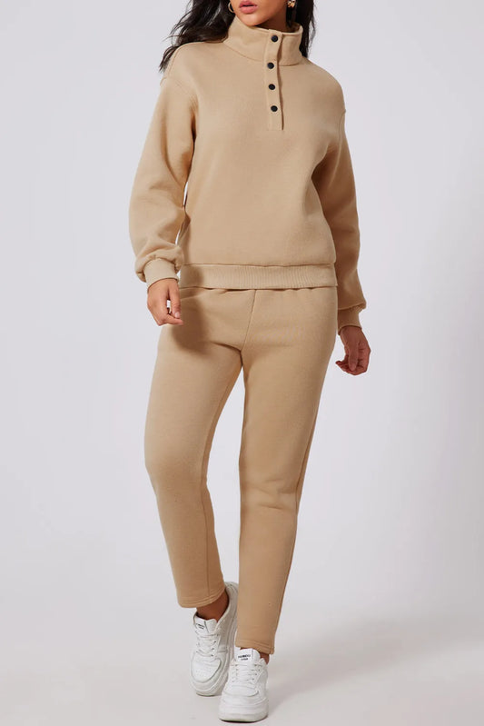 Parchment Solid Half Button Sweatshirt and High Waist Sweatpants Set - Chic Meadow Boutique 