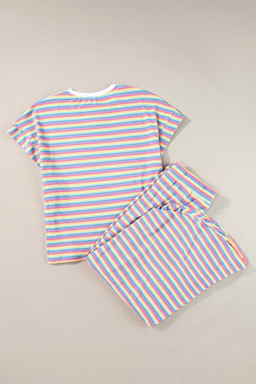 Pink Stripe Rainbow Tee Tasseled String Wide Leg Pants Set - Chic Meadow Boutique 