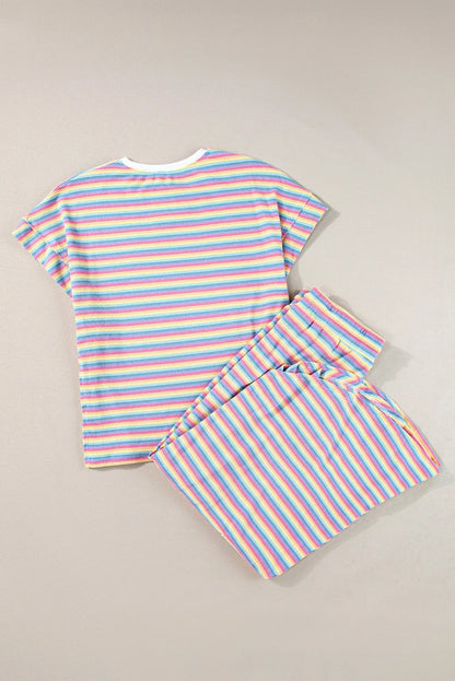 Pink Stripe Rainbow Tee Tasseled String Wide Leg Pants Set - Chic Meadow Boutique 