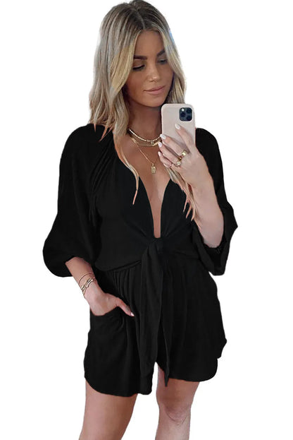 Black Tie Knot Puff Long Sleeve Romper - Chic Meadow Boutique 