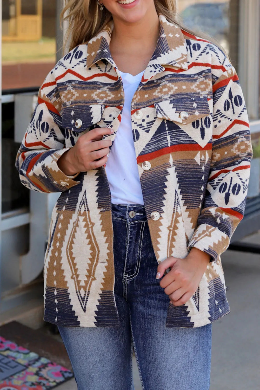 Multicolor Aztec Print Button-Up Oversized Jacket - Chic Meadow Boutique 