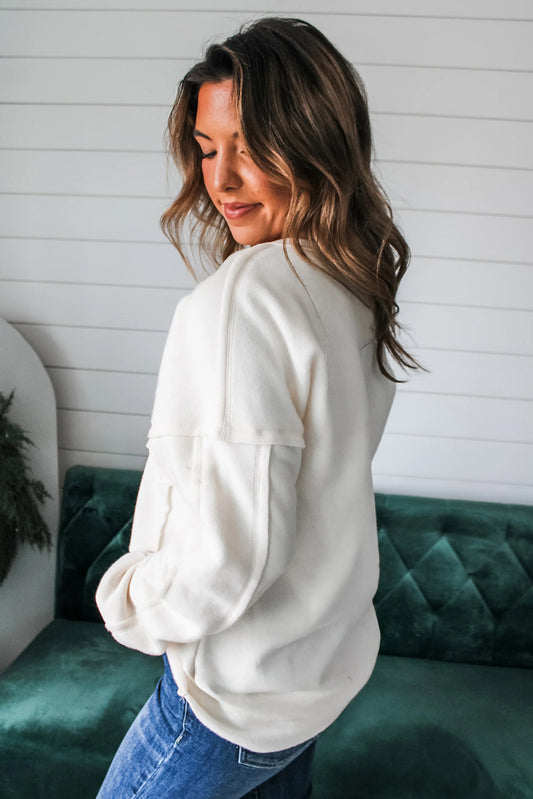 White Exposed Seam Chest Pocket Knit Pullover Sweatshirt