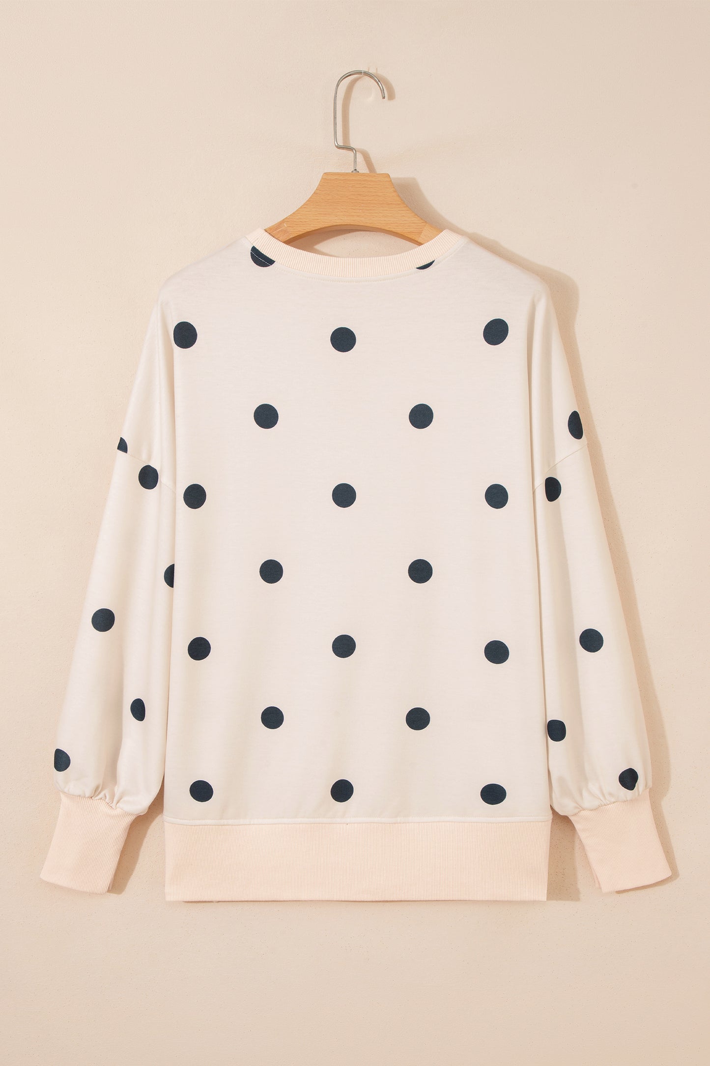 Beige Loose-fit Long Sleeve Round Neck Polka Dot Tunic Sweatshirt