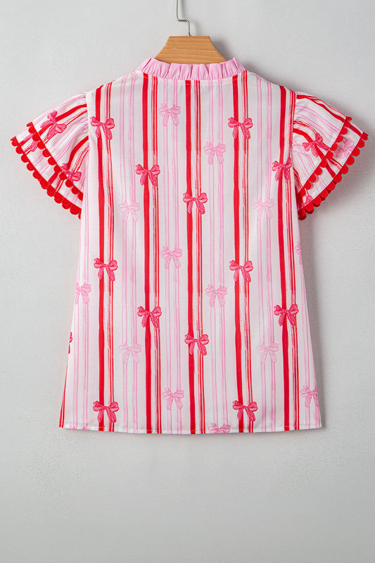 Pink Ric-rac Trim Ruffled Sleeve V Neck Bow Striped Printed Blouse