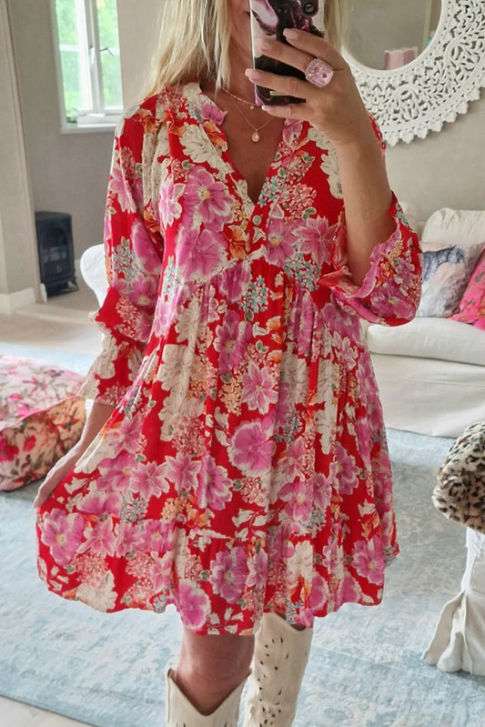 Red Floral Print High Waist V Neck Babydoll Mini Dress - Chic Meadow Boutique 