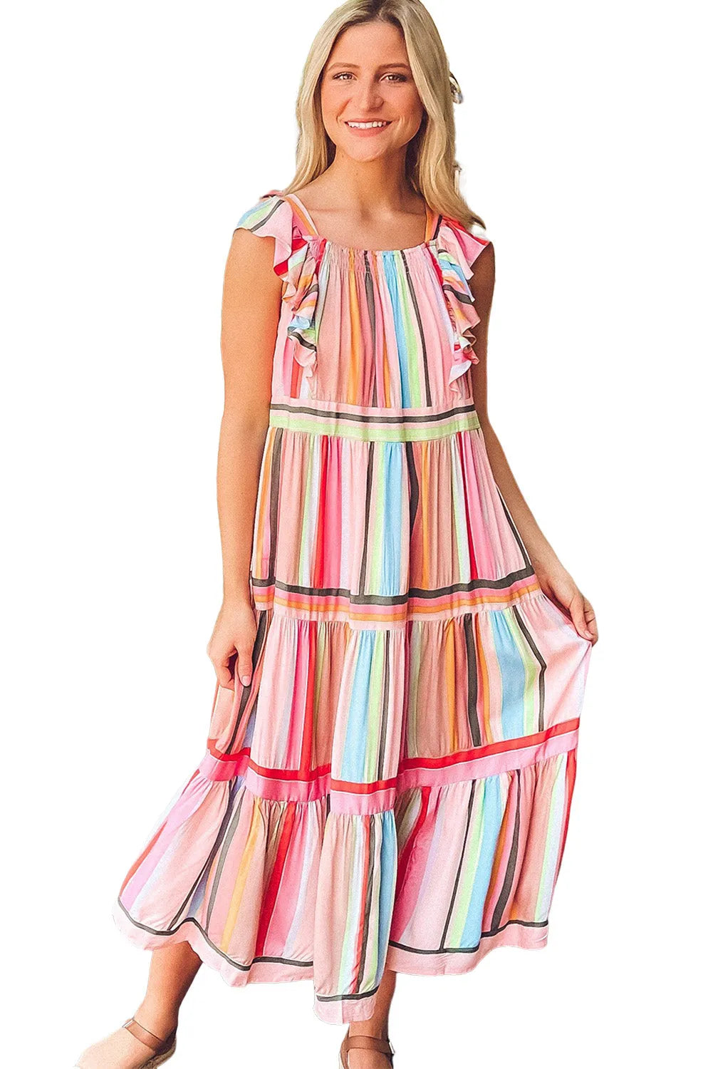 Pink Rainbow Stripe Ruffles Ruched Tiered Dress - Chic Meadow Boutique 