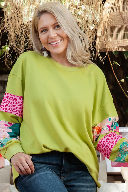 Green Plus Size Printed Patchwork Sleeve Split Sweatshirt - Chic Meadow Boutique 