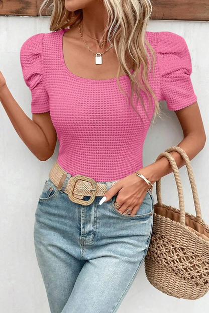 Bright Pink Waffle Knit Ruched Puff Sleeve Top - Chic Meadow Boutique 