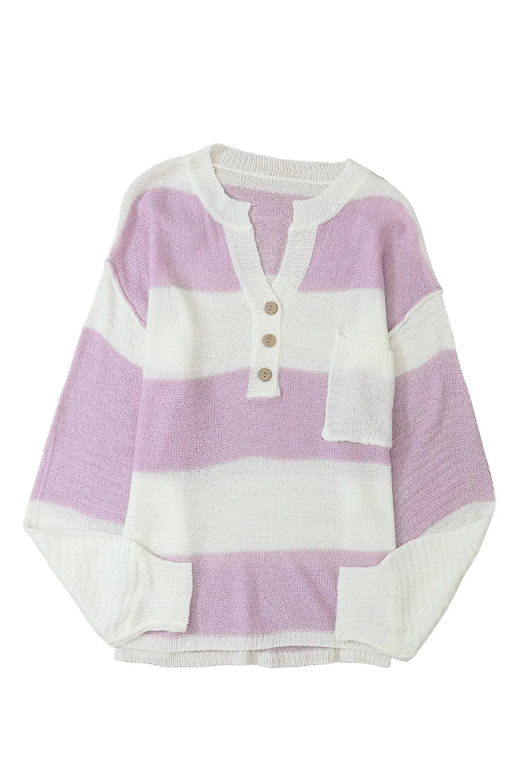 Pink Striped Knit Button Ribbed Split Neck Sweater - Chic Meadow Boutique 