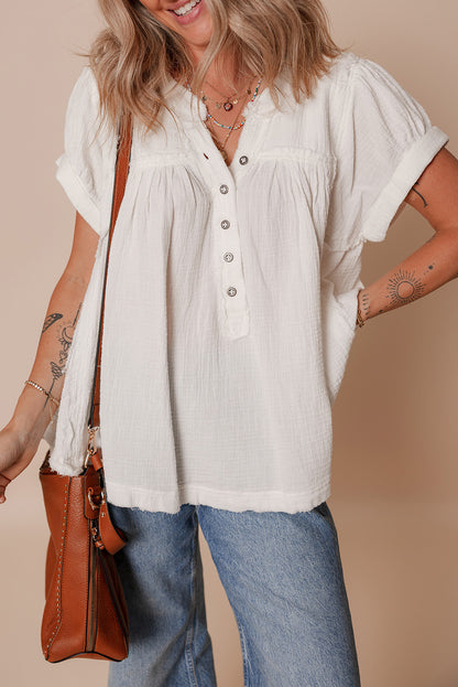 White Textured Short Sleeve Buttons Frayed Blouse