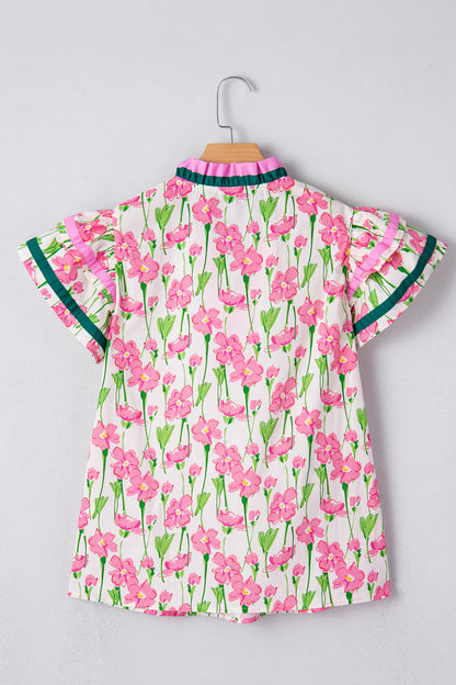Pink Floral Print Contrast Trim V Neck Double Ruffled Short Sleeve Blouse
