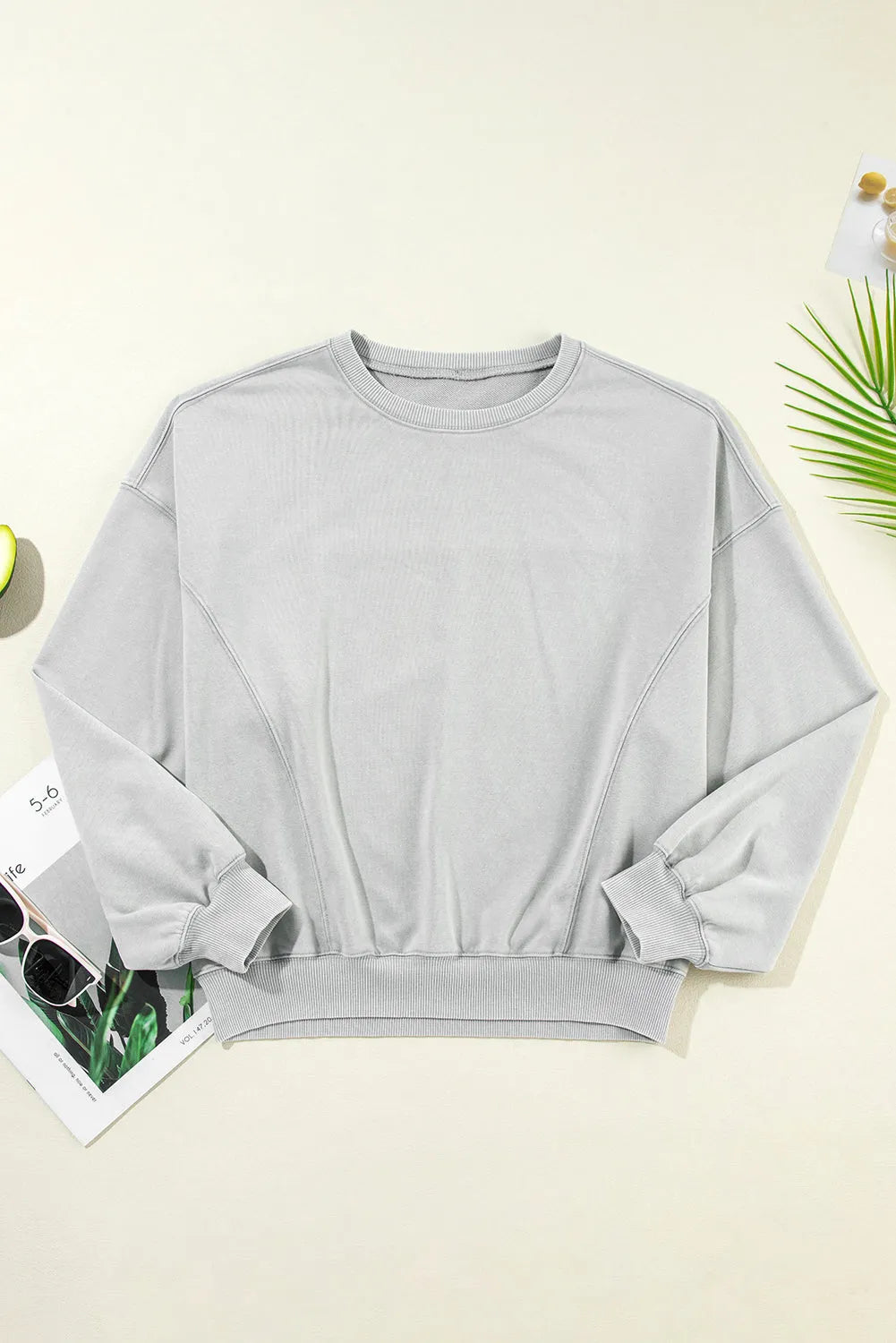 Gray Exposed Seam Batwing Sleeve Drop Shoulder Sweatshirt - Chic Meadow Boutique 