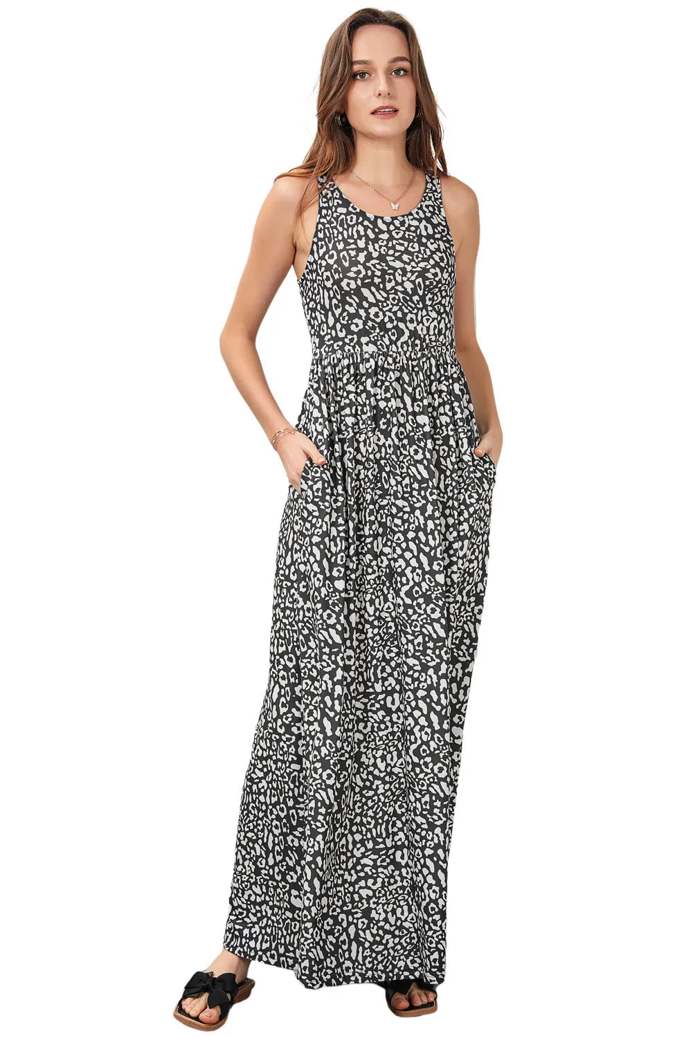 Gray Leopard Print Pocketed Sleeveless Maxi Dress - Chic Meadow Boutique 