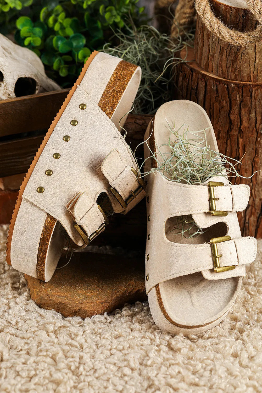 Beige Suede Buckle Decor Footbed Sandal Slippers - Chic Meadow Boutique 