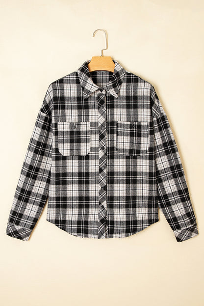 Black Plaid Print Chest Pockets Buttoned Shirt