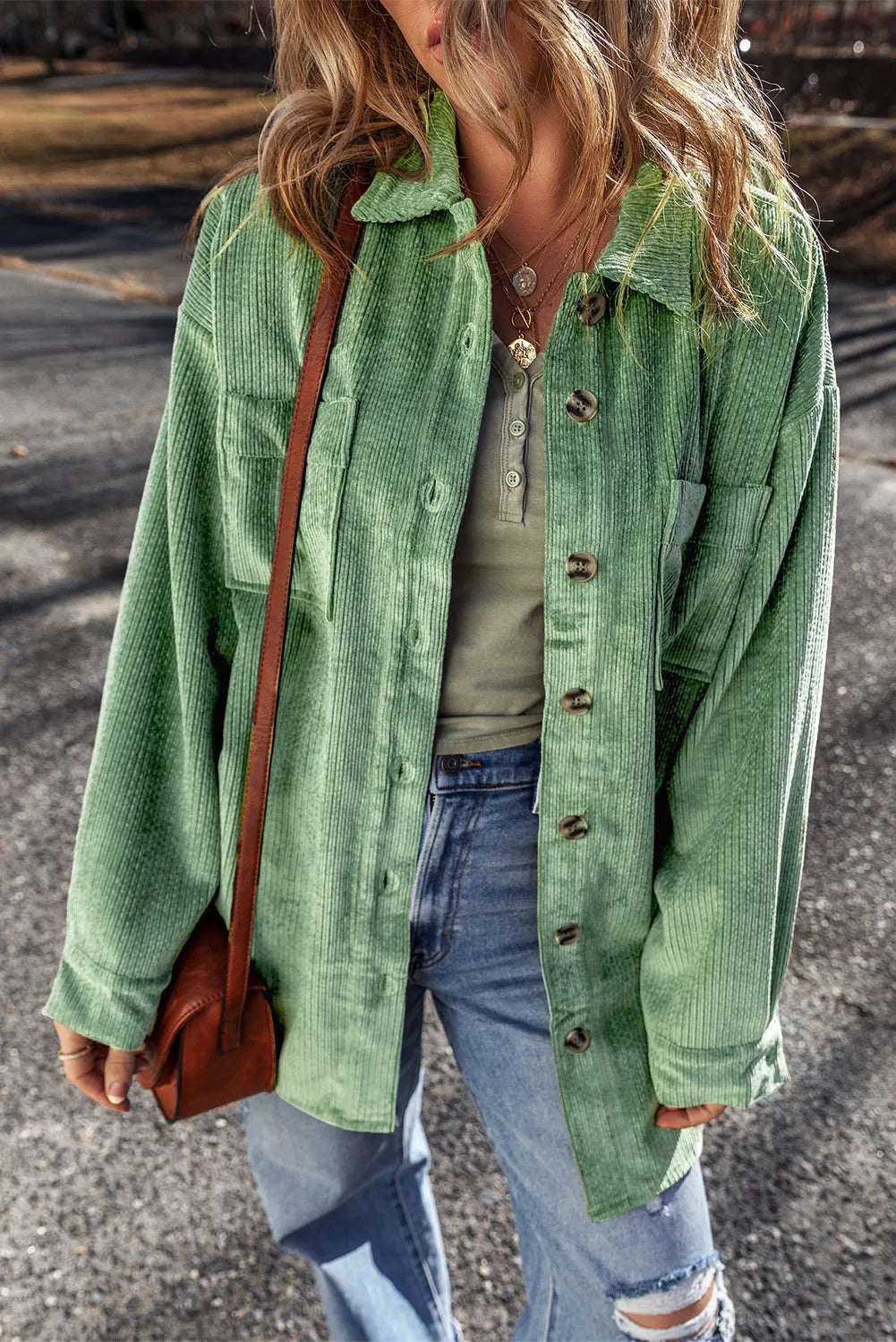 Outerwear/Jackets Mist Green / S / 75%Polyester+20%Viscose+5%Elastane Mist Green Patched Pocket Button Up Corduroy Shacket