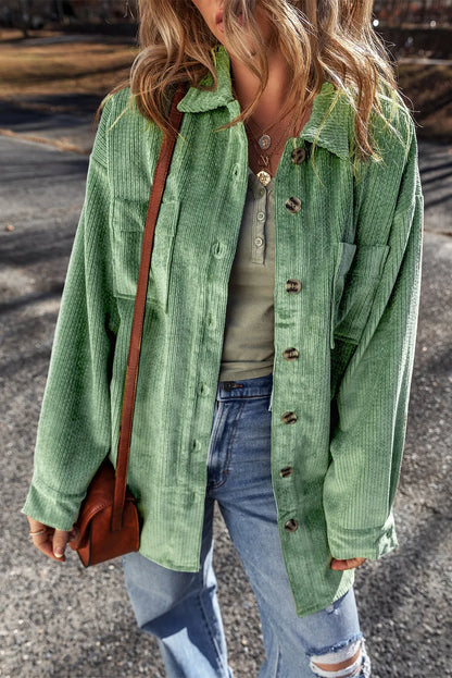 Mist Green Patched Pocket Button Up Corduroy Shacket - Chic Meadow Boutique 