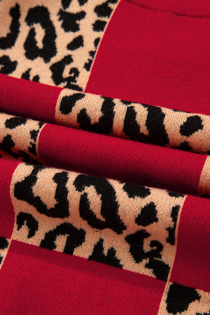 Red Leopard Checkerboard Short Sleeve Knit Sweater