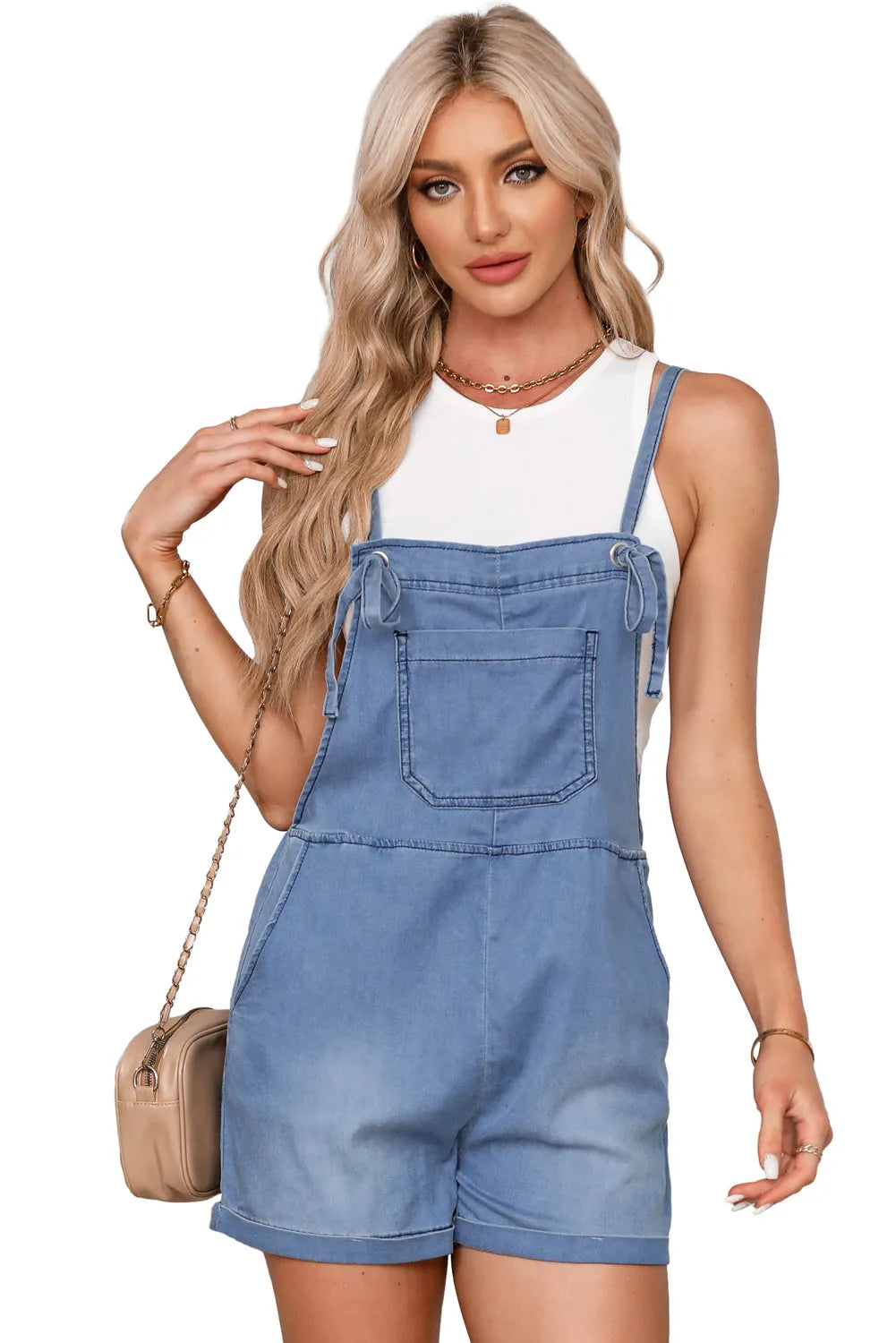 Bottoms/Jumpsuits & Rompers Light Blue Grommet Tie Straps Casual Denim Romper