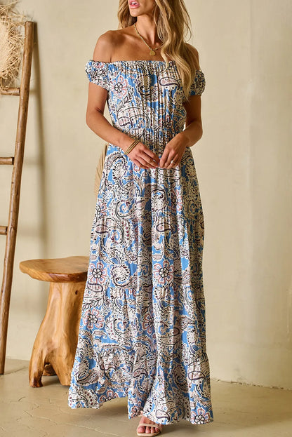 Blue Boho Paisley Print Off Shoulder Maxi Dress - Chic Meadow Boutique 