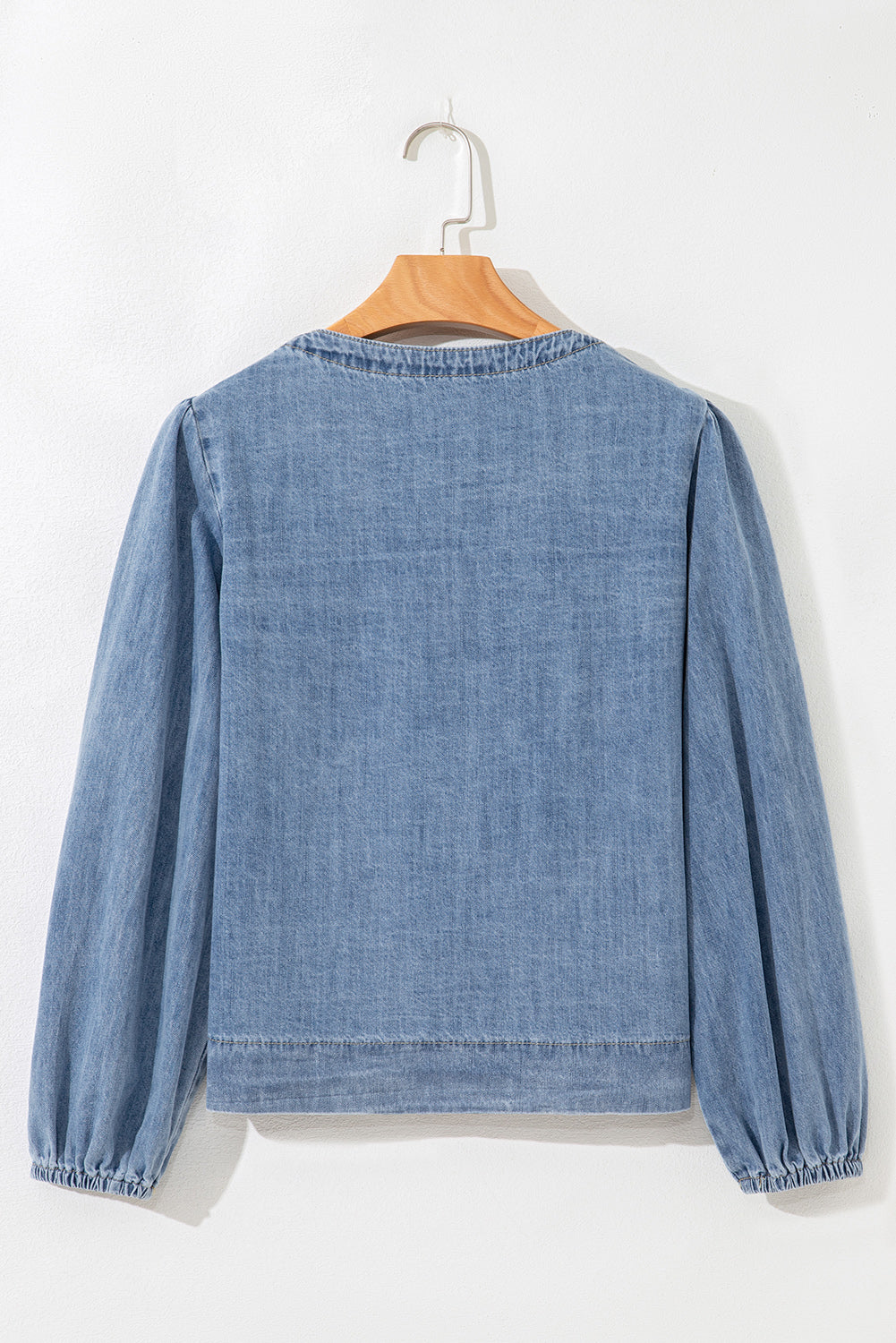 Dusk Blue Tied Front Long Puff Sleeve Denim Top