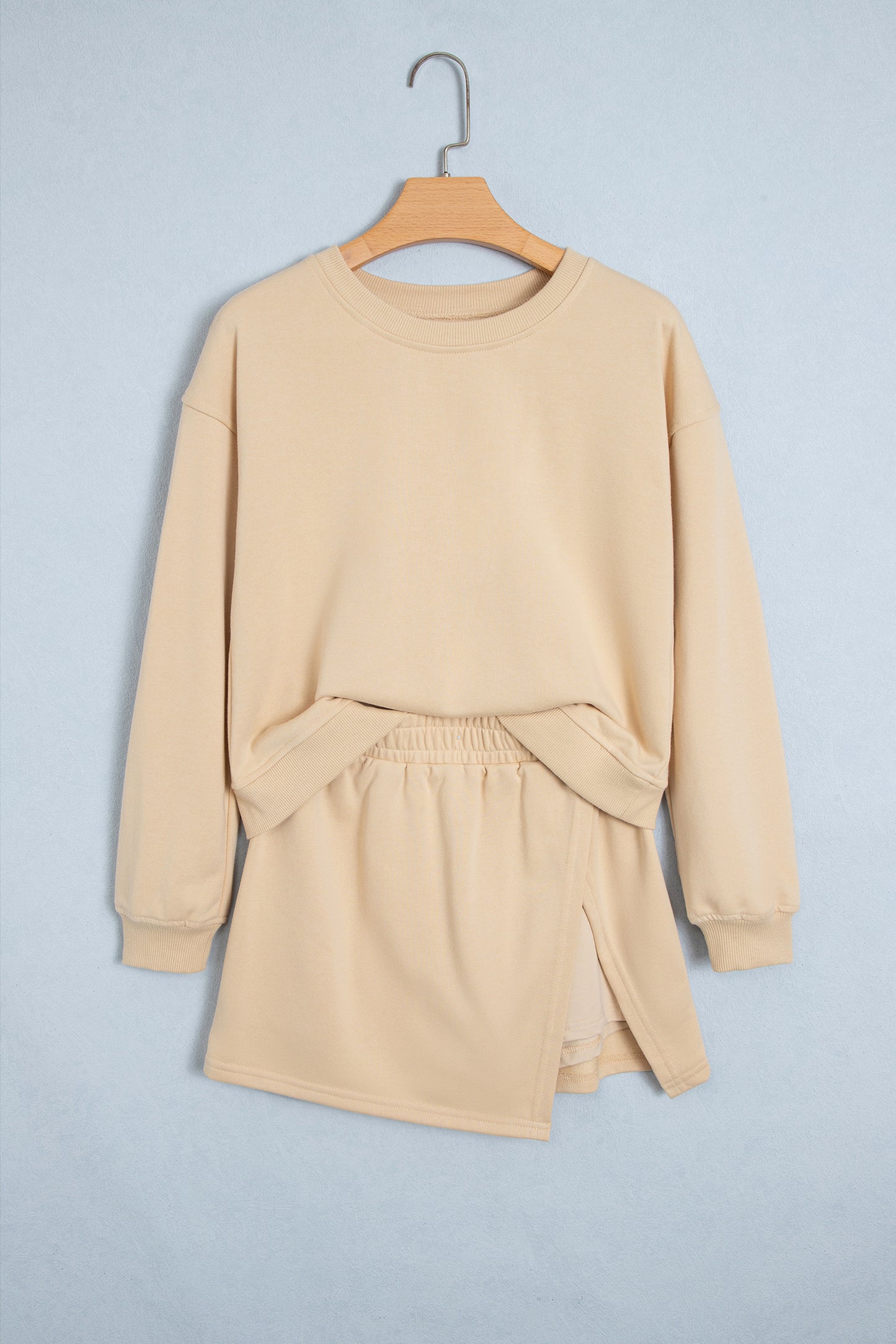 Parchment Solid Color Long Sleeve Top Split Skort 2pcs Outfit