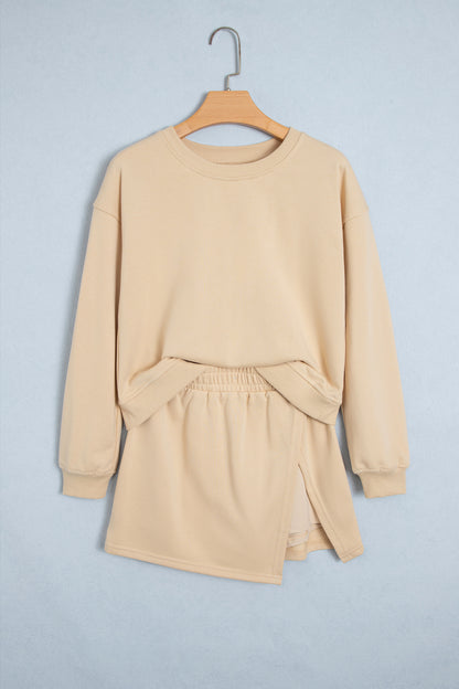 Parchment Solid Color Long Sleeve Top Split Skort 2pcs Outfit