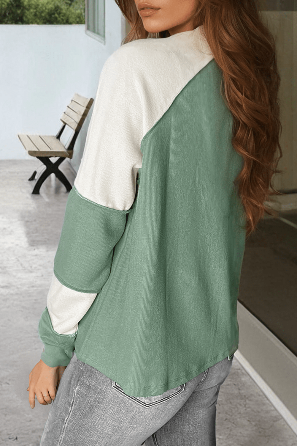 Tops/Long Sleeve Tops Mint Green Ribbed Colorblock Patchwork Raglan Long Sleeve Top