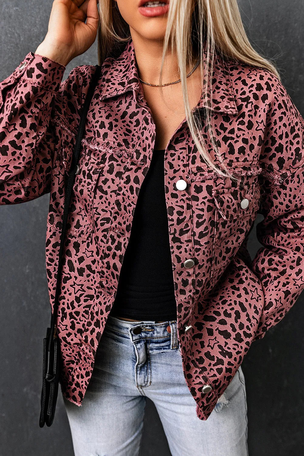 Pink Stars & Animal Spots Print Button Up Denim Shacket - Chic Meadow Boutique 