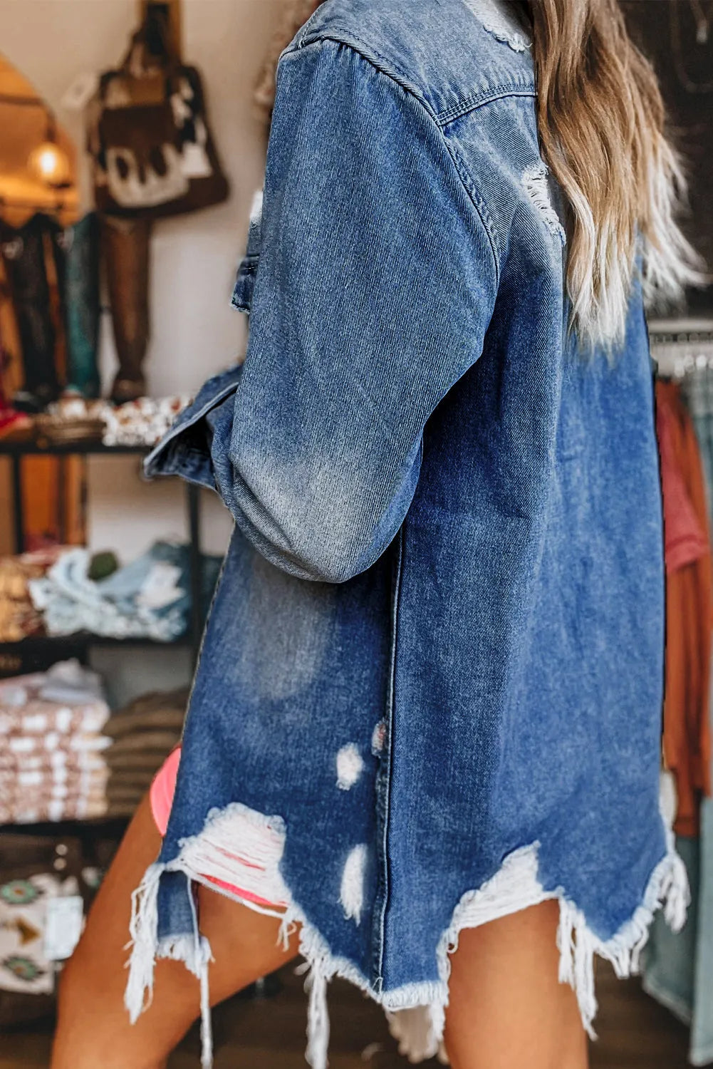 Sky Blue Light Wash Distressed Frayed Long Denim Jacket - Chic Meadow Boutique 