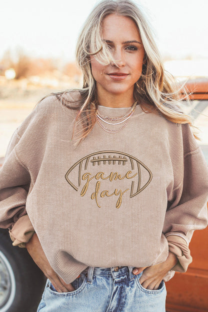 Apricot Rugby Game Day Embroidered Corduroy Sweatshirt