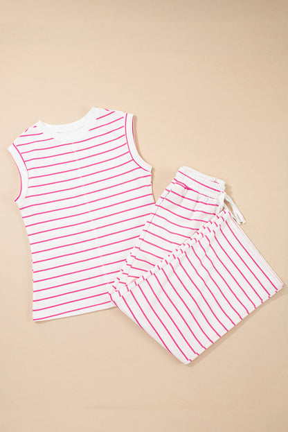 Rose Stripe Casual Wide Leg 2pcs Pants Set