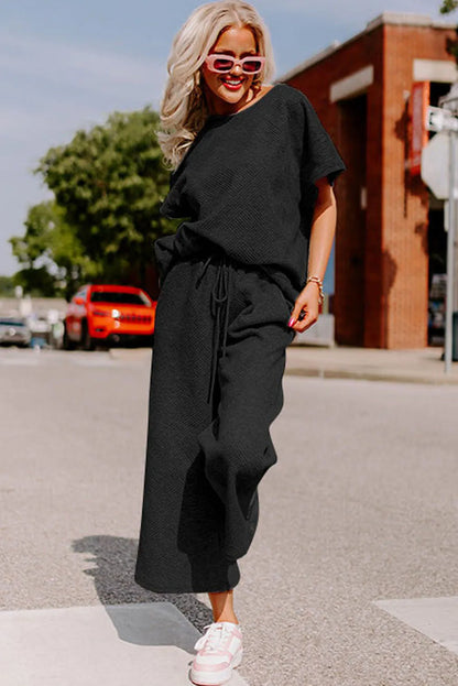 Black Textured Loose Fit T Shirt and Drawstring Pants Set - Chic Meadow Boutique 