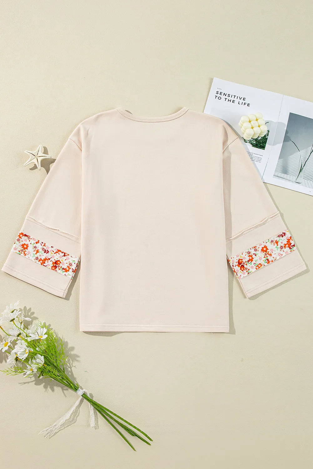 Beige Flower Patch Graphic Exposed Seam Wide Sleeve Top - Chic Meadow Boutique 